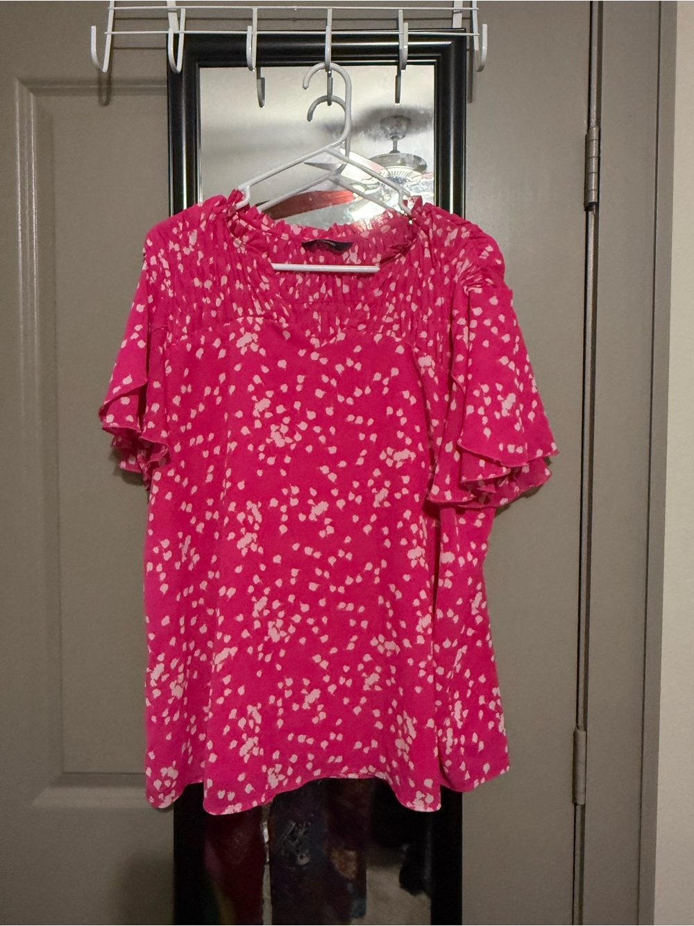 Women’s Bright Pink Printed Ruffle Sleeve Blouse